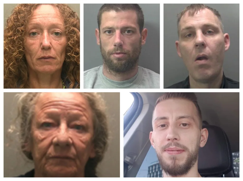 Top row: from left Jean Stewart (admitted conspiracy to pervert the course of justice),   Lewis Hutchinson (guilty of murder) and  Christopher Pycroft (guilty of conspiracy to commit robbery). Bottom: from left Diane Riley (admitted conspiracy to pervert course of justice) and Mihai Dobre (the murder victim).