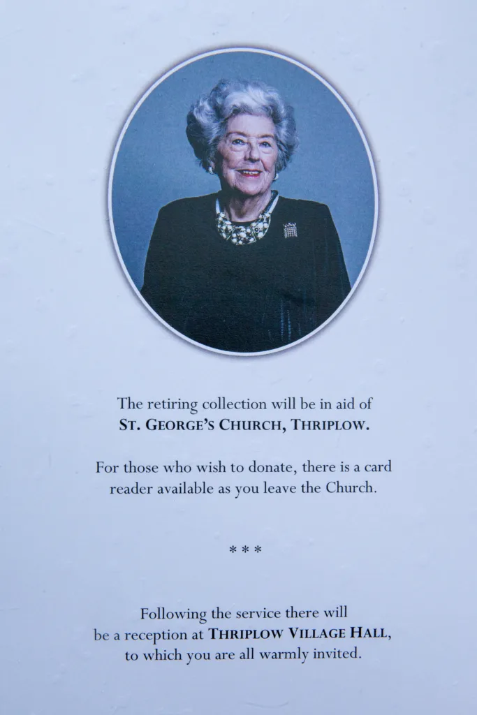 The funeral of former House of Commons Speaker Betty Boothroyd took place in St George's Church in Thriplow; mourners included Prime Minister Rishi Sunak. PHOTO: Bavmedia