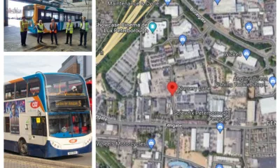 Nursery Lane, Peterborough, which could be home to new £20m bus depot. Top left: Visit 2 years ago to Stagecoach bus depot by city councillors.