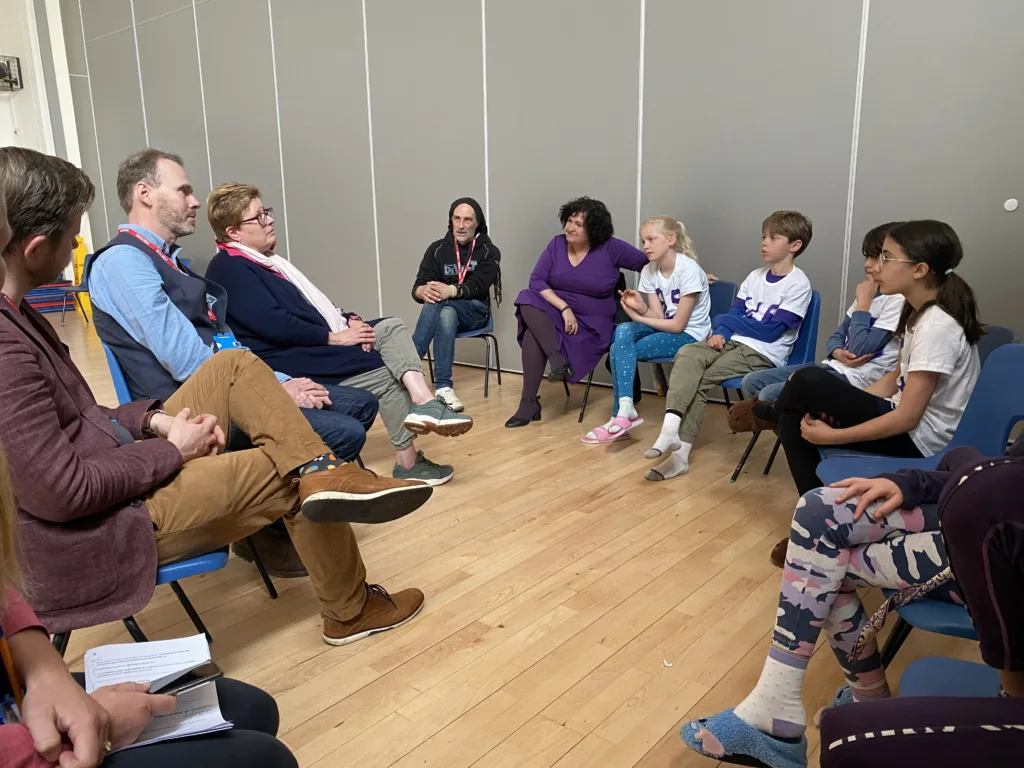 Cllr Alex Beckett, Richard Swift, and Rachel Wade at EcoCitizens talk with pupils 
