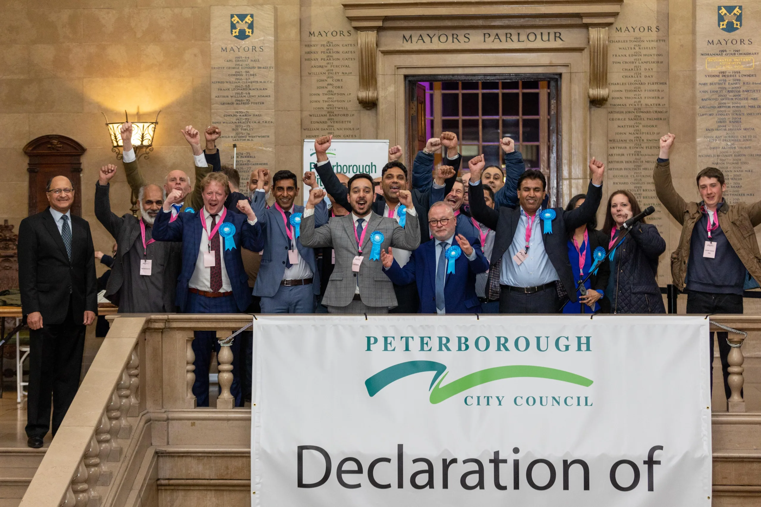 Pictured Conservative supporters, MP’s and councillors celebrate Park Ward Victory gaining 2 seats. Local election count and results, Town Hall, Peterborough Friday 05 May 2023. Picture by Terry Harris.