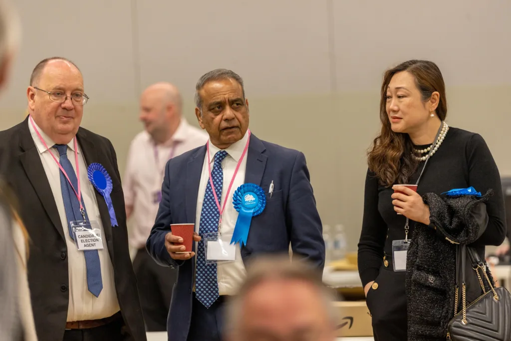 Council leader Cllr Chris Boden (left) at the Fenland District Council election count. 