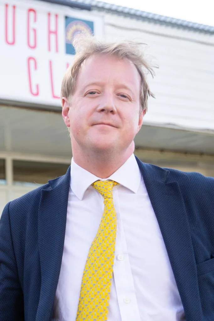 MP Paul Bristow arriving at the Peterborough Post Office social club tonight to be interviewed on the Nigel Farage live broadcast. PHOTO: Terry Harris for CambsNews