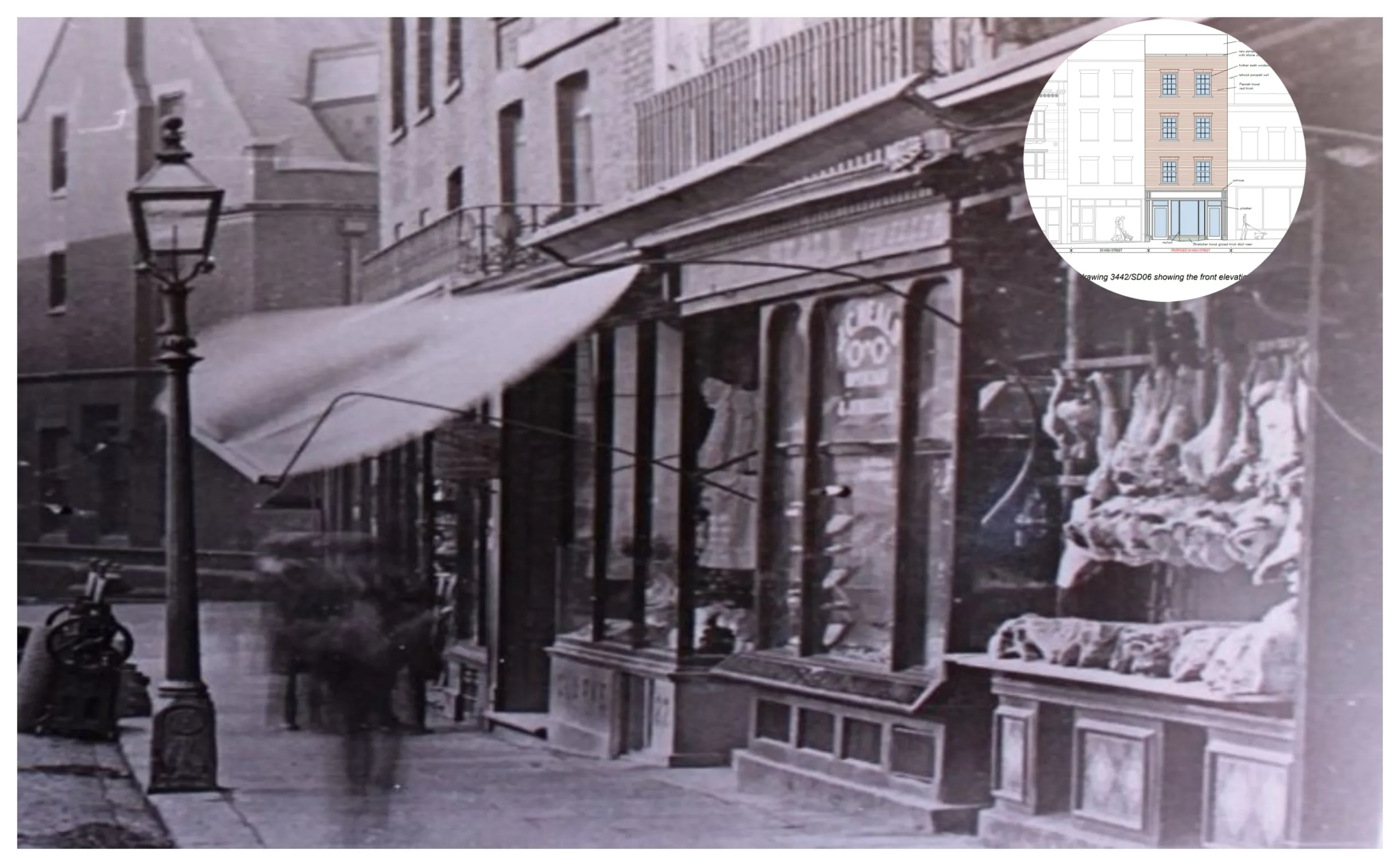 The former site of Cook’s butcher, that collapsed around 30 years ago, will be replaced by a four-storey building (inset) comprising six one-bedroom flats on the upper floors with a shop and studio flat at ground flat.