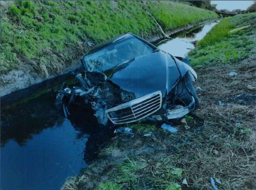 Povilas Petrosevicius caused the Mercedes to spin, come off the road and land in a water-filled ditch. Petrosevicius’ car ended up facing the wrong way on the carriageway. PHOTO: Cambs Police