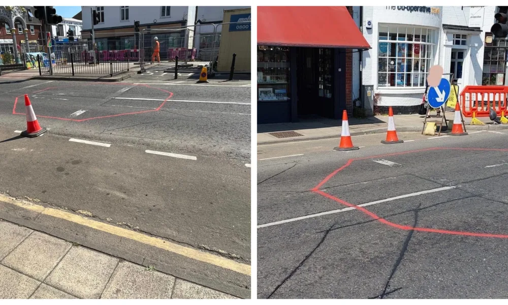 Official photo by Fenland Council (left) showing new position of March Fountain. On the right is the photo produced by Malletts jewellers which they claim shows the true horror of relocating it outside their shop.