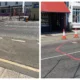 Official photo by Fenland Council (left) showing new position of March Fountain. On the right is the photo produced by Malletts jewellers which they claim shows the true horror of relocating it outside their shop.