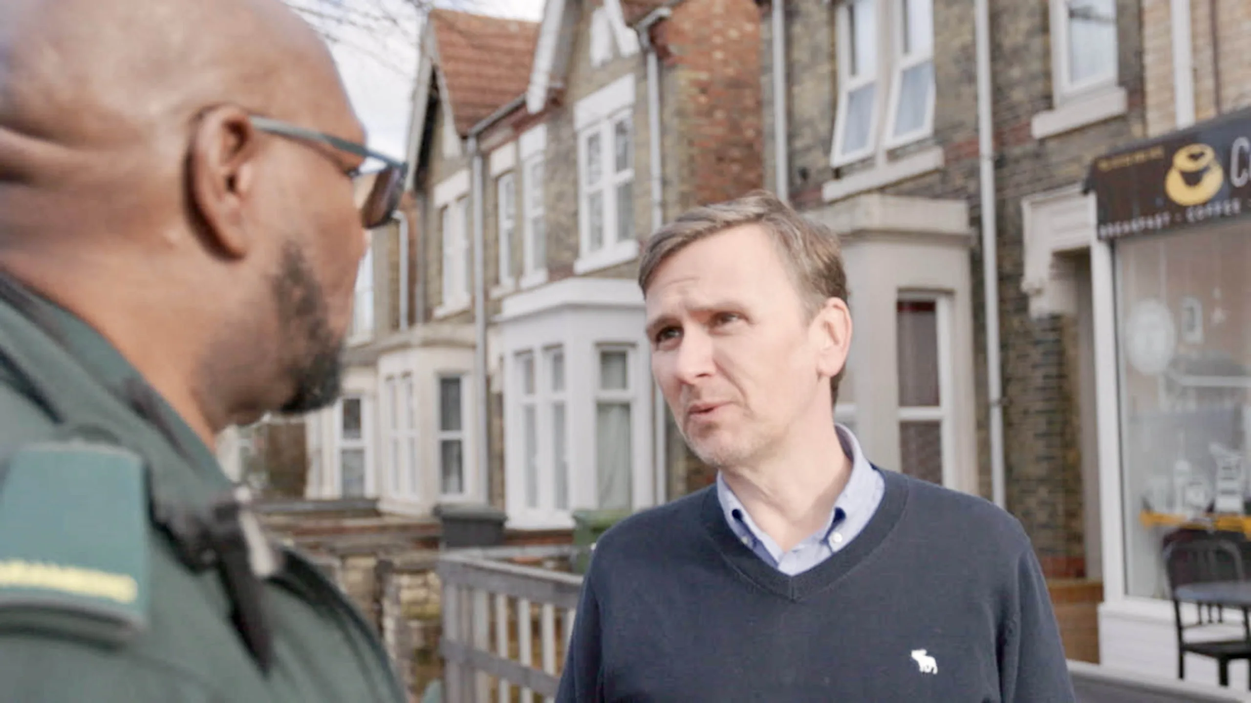 Andrew Pakes is the Labour & Co-operative Parliamentary Candidate for Peterborough, seen chatting to a paramedic in Peterborough.