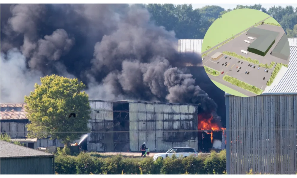 Flashback to the fire in May 2020 with (inset) concept by Corkers of new factory planned for the site at Willow Farm near Ely.