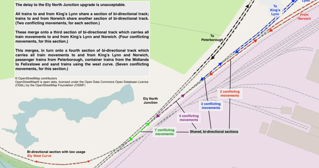 The route is the UK’s most intensively used freight corridor – but Ely’s mixture of single-track sections, restricted speeds, level crossings and signalling limitations have created a stranglehold where five lines compete for one track.