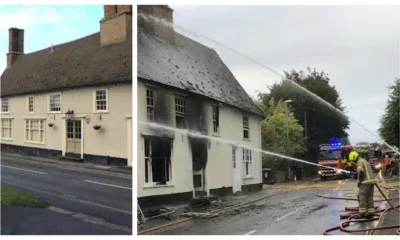 As the Crown was (left) and today firefighters tackle a major blaze at the Fordham pub now turned Indian restaurant