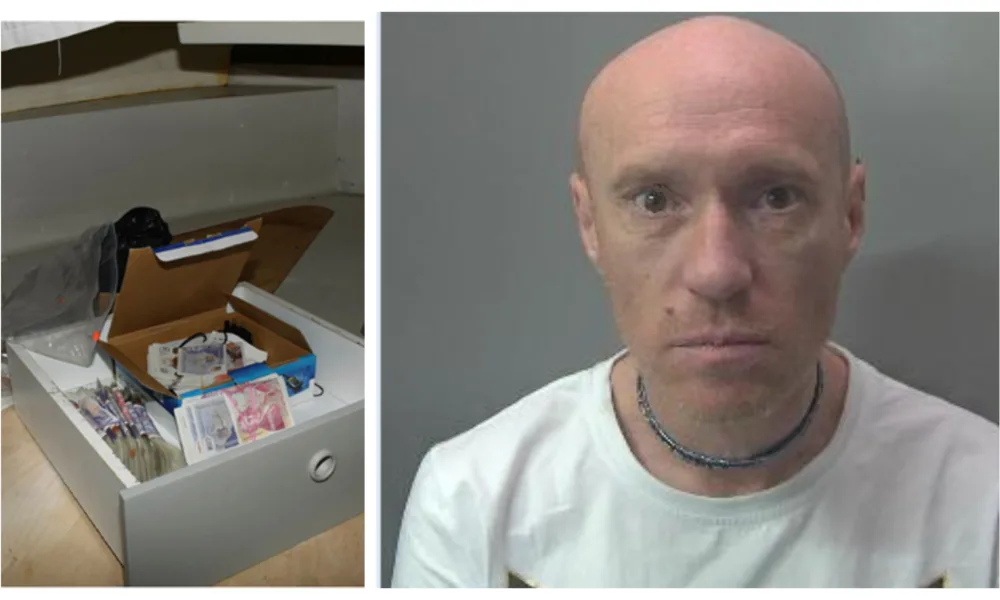 Ben Cunningham, 49, of Wyton Moorings, Banks End, with drugs and cash found in police raid on his Huntingdon boat.