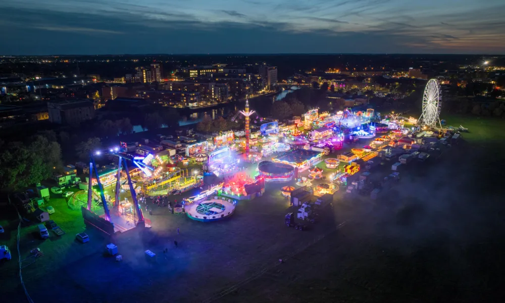 Aerial images of Peterborough’s Bridge Fair with the city skyline in the distance, Embankment, Peterborough Friday 29 September 2023. Picture by Terry Harris.