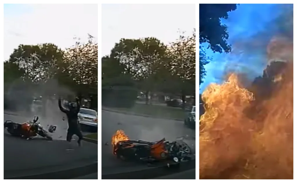 Stavius Gordon flipped off his motor bike as it burst into flames causing damage to the Audi and a nearby private ambulance. 