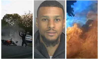 Stavius Gordon flipped off his motor bike as it burst into flames causing damage to the Audi and a nearby private ambulance.