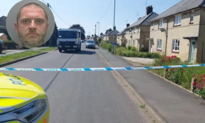 Convicted paedophile Paul Page (inset) and the police cordon in May in Parson’s Lane, Littleport.