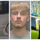 Left: Davidson pulls out of the garage and (right) moment he is arrested. Custody photo (centre)