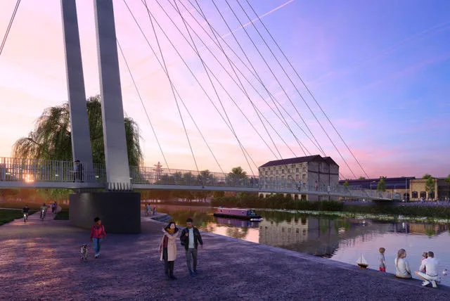 Design image for the £6.3m pedestrian and cycling bridge that will link the Embankment with Fletton Quays, Peterborough. PHOTO: Peterborough City Council