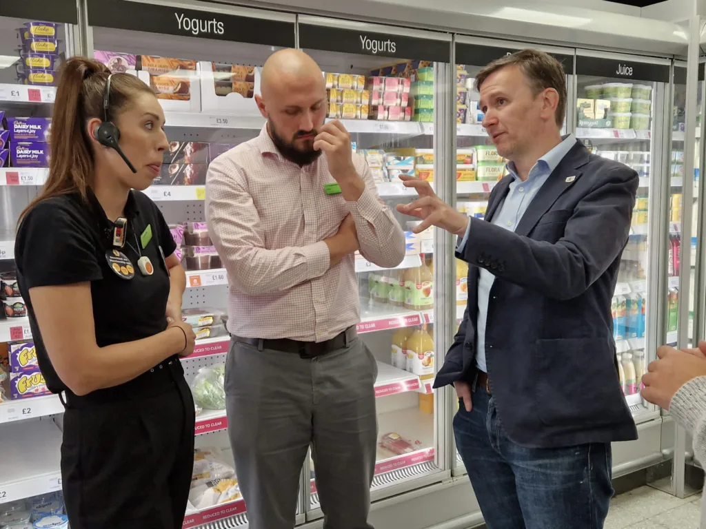 Andrew Pakes, Labour Parliamentary candidate for Peterborough, visiting Co-op stores in the city to discuss greater protection for shop workers and increased neighbourhood policing