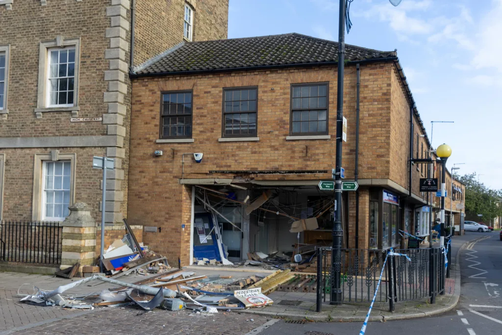 Nationwide targeted by thieves in the night using a stolen JCB,Whittlesea, Peterborough Saturday 28 October 2023. Picture by Terry Harris