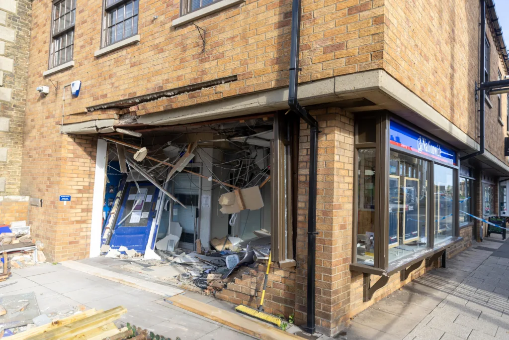 Nationwide targeted by thieves in the night using a stolen JCB,Whittlesea, Peterborough Saturday 28 October 2023. Picture by Terry Harris