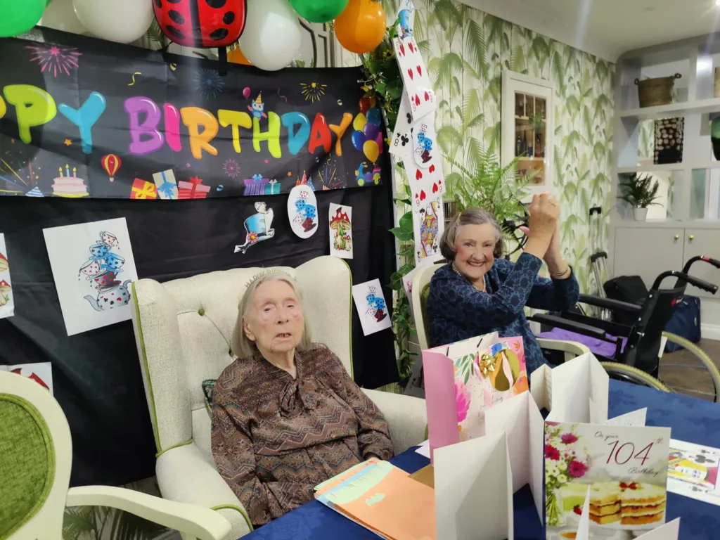 104th birthday celebrations for Dorothy, a resident of Hilton Park care home, Bottisham, Cambridgeshire.