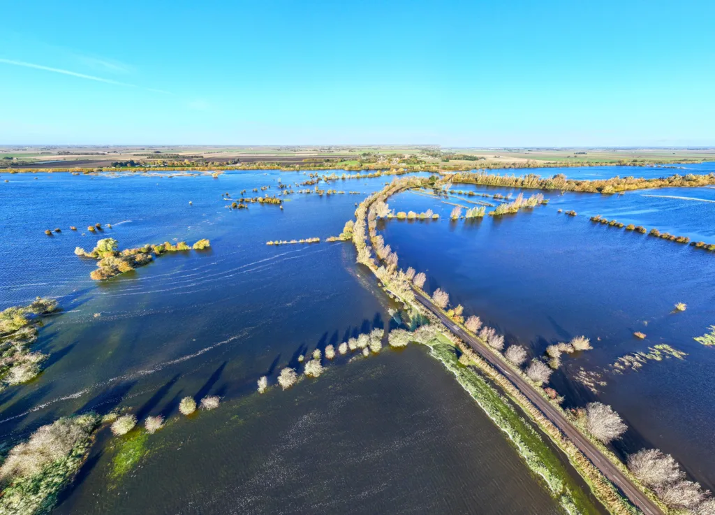 A1101 at Welney where many have chosen to find alternative routes today as water levels rise and most motorists have avoided, including those who attempted to cross but changed their mind. Bigger vehicles are still going through. PHOTO: Terry Harris for CambsNews 