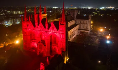 The Cathedral in red for Remembrance Sunday....