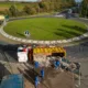 The scene at Witchford roundabout today as recovery takes place of the contents of a lorry that shed its load. PHOTO: Terry Harris for CambsNews