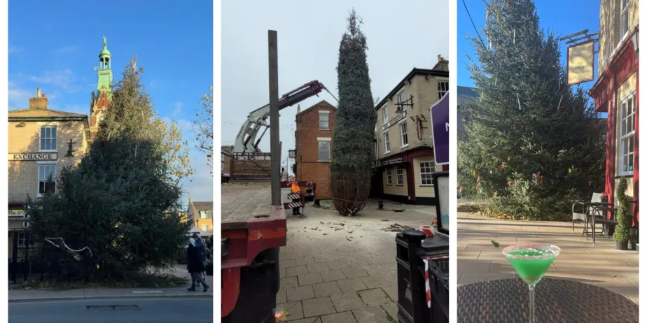 From left: Christmas tree in March yesterday, centre: Tree being delivered and right: special wonky tree cocktail from the Exchange