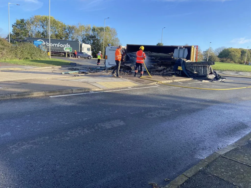 Witchford roundabout near Ely where a lorry has overturned shedding its load. PHOTO: Adina Tutt 