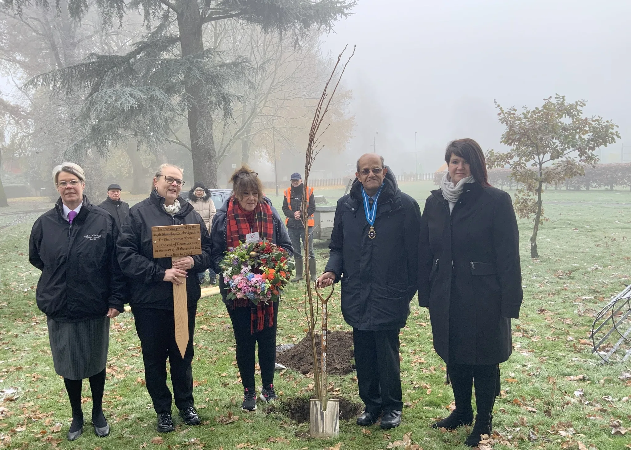 The High Sheriff of Cambridgeshire Dr Bharatkumar N Khetani plants a tree and unveils a plaque in memory of Covid victims was planted in Wisbech. PHOTO: Wisbech Tweet