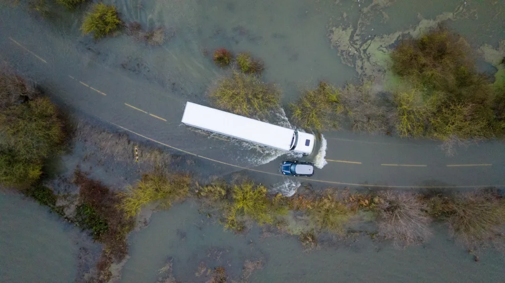 Flooded A1101 at Welney on the Norfolk Cambridgeshire border. PHOTO: Bav Media 