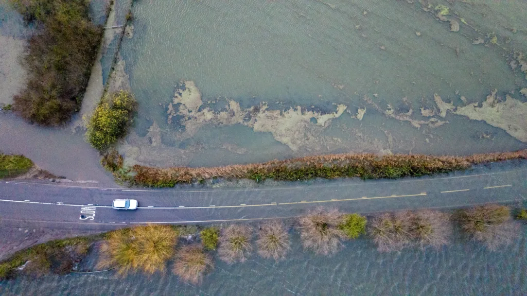 Flooded A1101 at Welney on the Norfolk Cambridgeshire border. PHOTO: Bav Media 