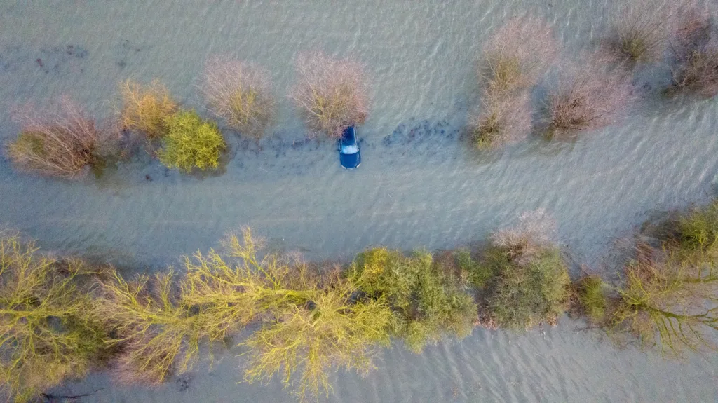 Flooded A1101 at Welney on the Norfolk Cambridgeshire border. PHOTO: Bav Media 