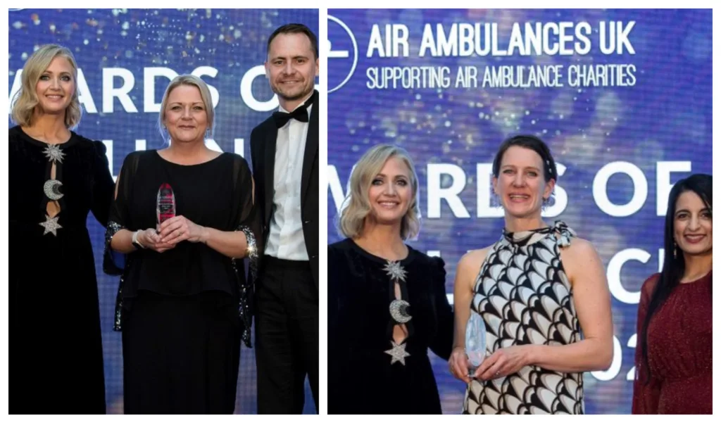 Magpas Air Ambulance doctor Ali Hieatt and Natalie Church, director of operations, were honoured at the Air Ambulance Awards of Excellence 2023.