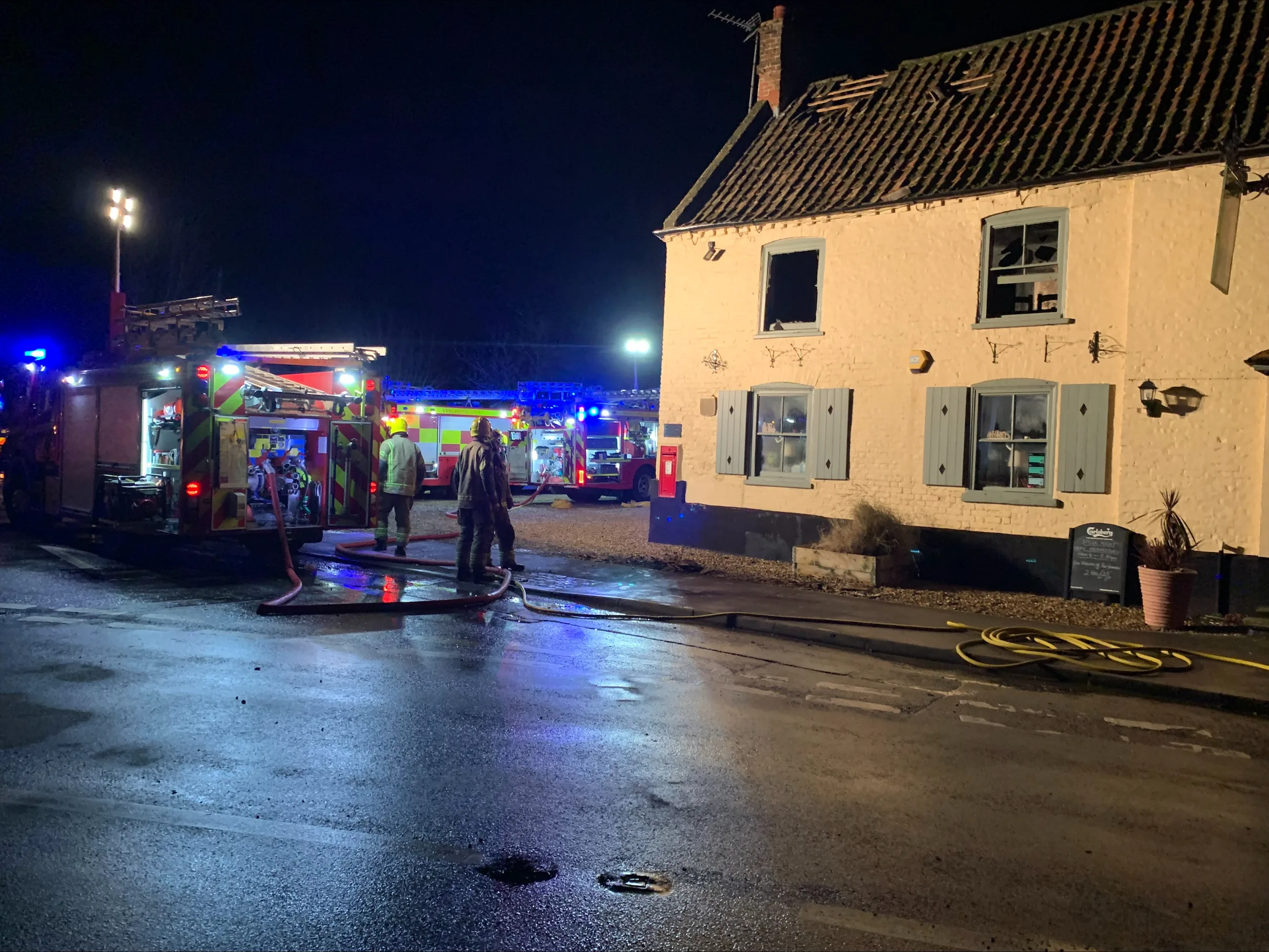 Six fire engines and an aerial appliance were sent to the fire at 1.38am at the Rising Sun public house, Leverington, near Wisbech