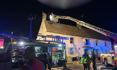 Fire crews at the Rising Sun public house, Leverington near Wisbech.