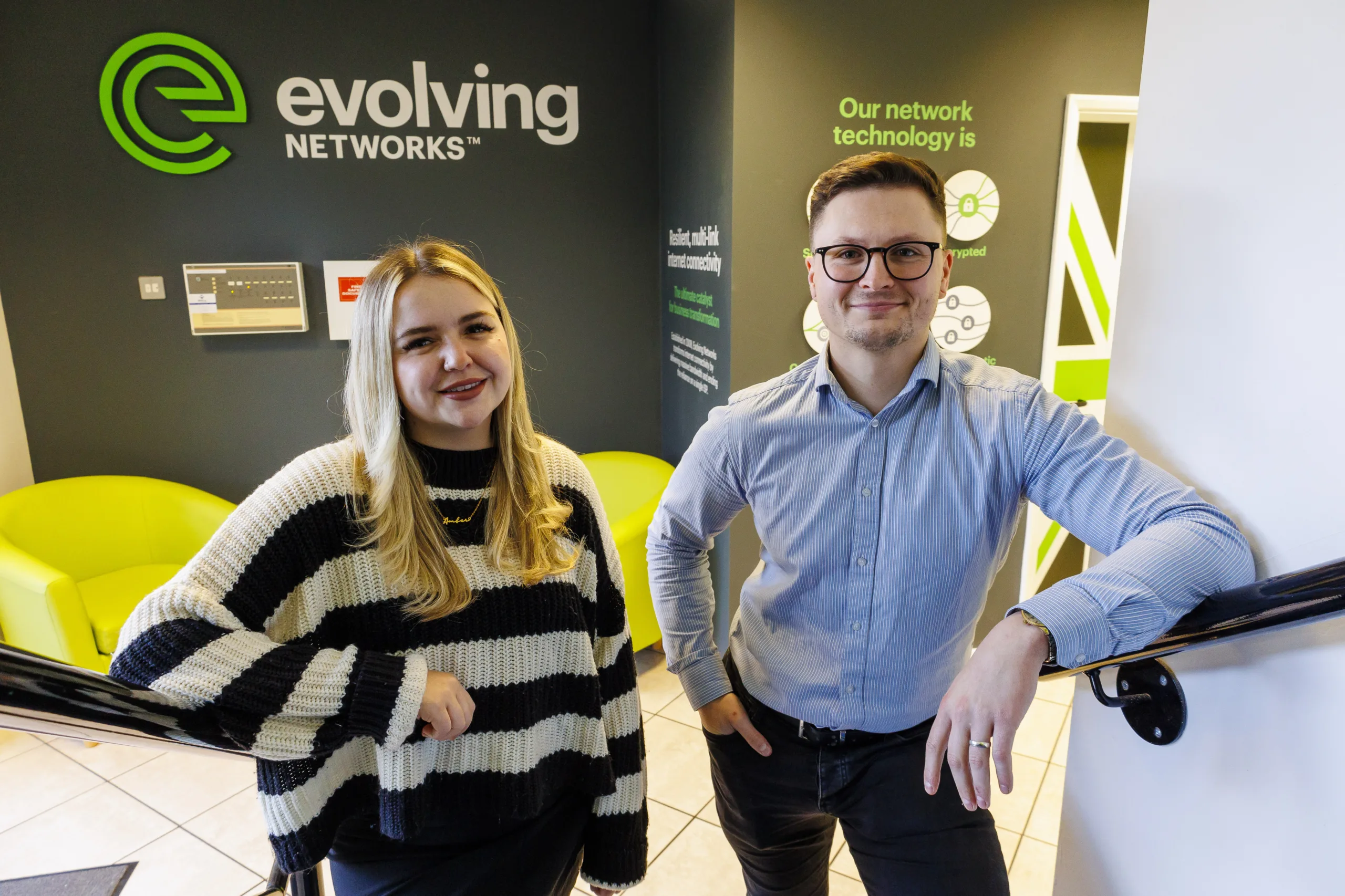 Evolving Networks' Head of People and Culture Amber Roberts, and General Manager, Ben Wright. Both started as apprentices and are now using apprenticeships to power forward the business. Picture: Cambridgeshire and Peterborough Combined Authority.