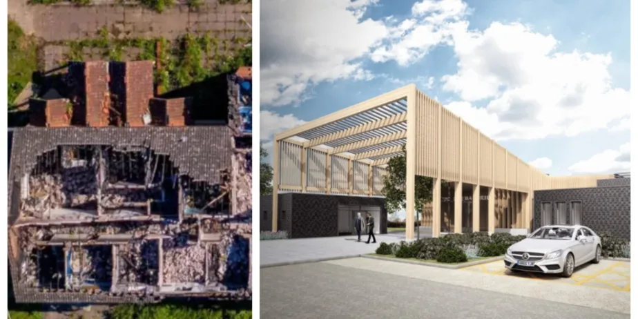 Aerial view from 2020 of the fire ravaged Mepal centre (left) and an architect’s impression of the £9m crematorium planned by East Cambridgeshire District Council.