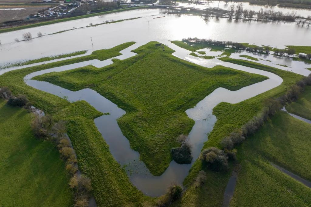 Flooding reveals English Civil War fort after Storm Henk. The clear outline of a 400-year-old English Civil War fort has been highlighted after heavy rain and flooding filled a moat around the earthworks following Storm Henk. Aerial photos show The Earith Bulwark in the Cambridgeshire Fens, which was built around 1643 by Oliver Cromwell's forces to protect crossing points on the local rivers, including the River Great Ouse. Picture by Terry Harris.