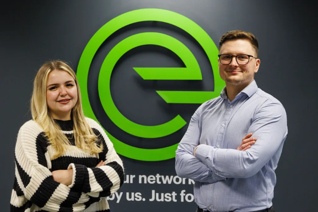 Evolving Networks' Head of People and Culture Amber Roberts, and General Manager, Ben Wright. Both started as apprentices and are now using apprenticeships to power forward the business. Picture: Cambridgeshire and Peterborough Combined Authority.