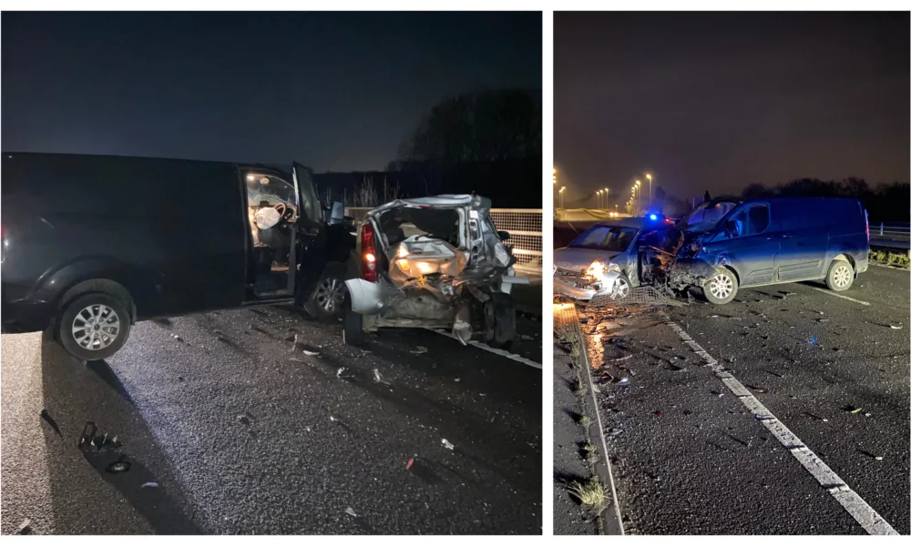 Aftermath of the crash on the Nene Parkway, Peterborough, in which a driver sustained a serious injury