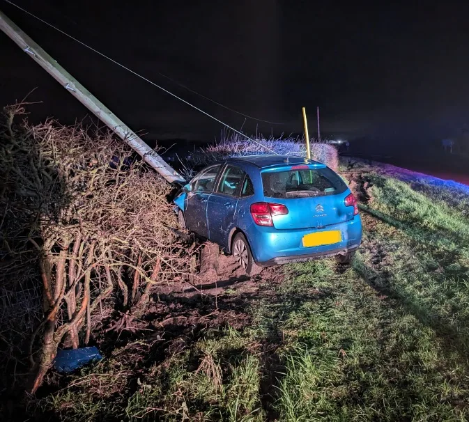 Police released photos of the crash on the A1123 Dimmock’s Cote Road between Stretham and Wicken. The driver was not insured.