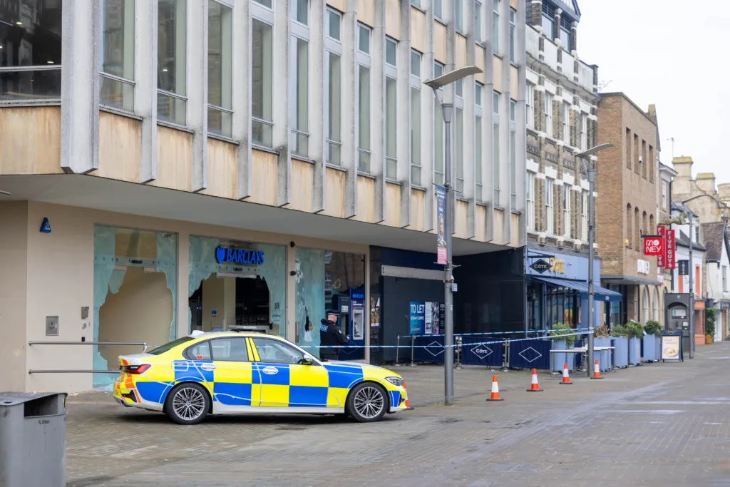 Glass counters have been damaged, three main windows broken, and two external wall mounted ATM machines have been damaged during a break in today at Barclays Bank, Peterborough City Centre. PHOTO: Terry Harris 