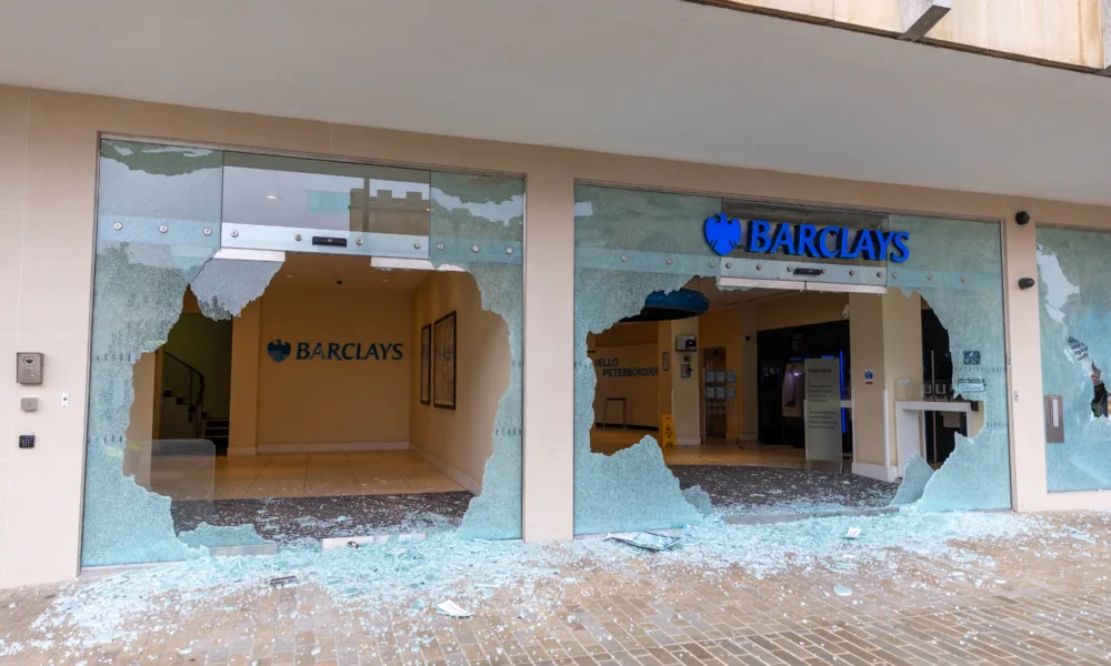 Glass counters have been damaged, three main windows broken, and two external wall mounted ATM machines have been damaged during a break in today at Barclays Bank, Peterborough City Centre. PHOTO: Terry Harris