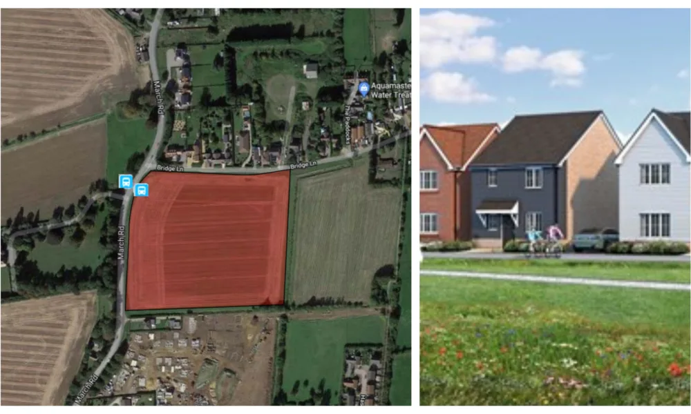 Bellway Homes building 88 homes on a nine-acre site off March Road, Wimblington - known as Primrose Grove (visual, right). On the left is the outline plans showing location of the bus stops