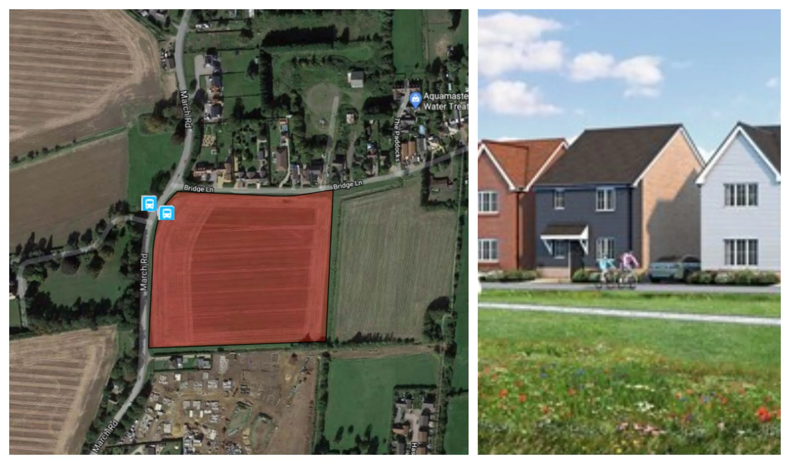 Bellway Homes building 88 homes on a nine-acre site off March Road, Wimblington - known as Primrose Grove (visual, right). On the left is the outline plans showing location of the bus stops