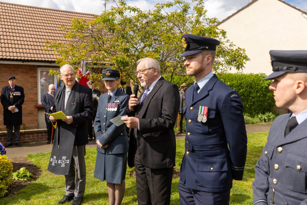 Eastrea near Whittlesey commemorated the 80th anniversary of the night a Lancaster bomber crashed into a farmer’s field in the village, killing all 8 crew men. Only one body was recovered. A special plaque was erected at the Eastrea war memorial.,Eastrea, Peterborough Friday 19 April 2024. Picture by Terry Harris.