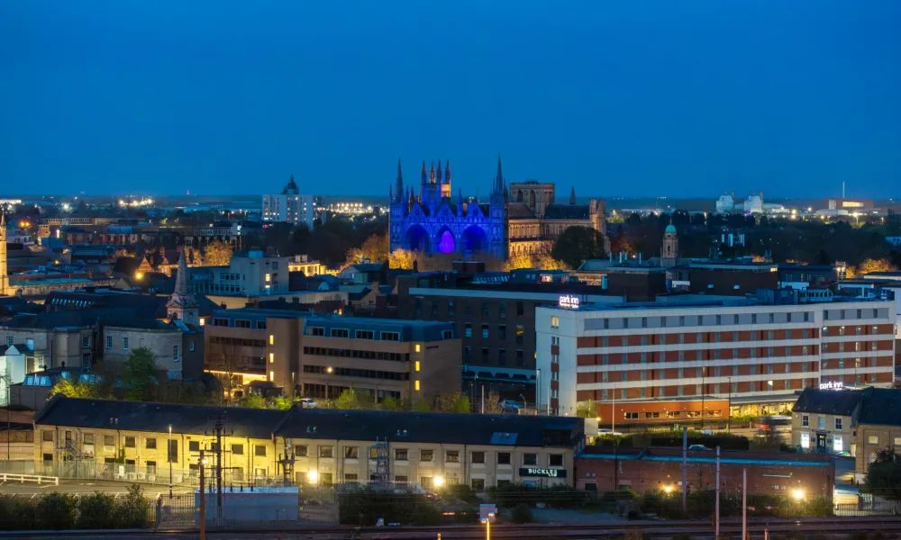 Peterborough Cathedral is lit up blue and shines across the city as it shows its support for Peterborough United, City, Peterborough Friday 05 April 2024. Picture by Terry Harris.